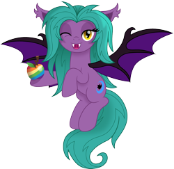 Size: 1500x1457 | Tagged: safe, artist:cloudy glow, oc, oc only, oc:purple shade, bat pony, pony, apple, bat pony oc, bat wings, commission, fangs, female, flying, food, herbivore, looking at you, mare, movie accurate, rainbow, simple background, solo, transparent background, wings, zap apple