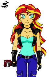 Size: 862x1225 | Tagged: safe, artist:emichaca, sunset shimmer, equestria girls, g4, biker, breasts, cleavage, female, simple background, solo, white background, wrench