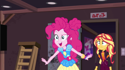 Size: 1920x1080 | Tagged: safe, screencap, pinkie pie, sunset shimmer, equestria girls, equestria girls series, g4, sunset's backstage pass!, spoiler:eqg series (season 2), female, geode of empathy, geode of sugar bombs, ladder, magical geodes, poster