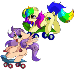 Size: 1280x1172 | Tagged: safe, artist:rainbowtashie, oc, oc only, oc:rainbow tashie, oc:sweet scooter, alicorn, earth pony, pegasus, pony, unicorn, alicorn oc, butt, commissioner:bigonionbean, cutie mark, extra thicc, flank, fusion, fusion:scootaloo, fusion:sweetie belle, horn, nintendo 64, plot, scooter, simple background, skateboard, sweating bullets, the ass was fat, tired, tongue out, transparent background, wings, writer:bigonionbean