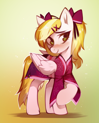 Size: 1493x1842 | Tagged: safe, artist:share dast, oc, oc only, oc:dandelion blossom, pegasus, pony, clothes, crossed legs, gradient background, simple background, solo, standing