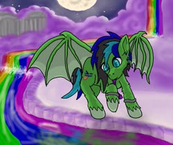 Size: 855x715 | Tagged: safe, artist:torpy-ponius, oc, oc only, oc:torpy, bat pony, pony, bat pony oc, cloud, cloudsdale, ibispaint x, liquid rainbow, moon, necktie, night, rainbow, solo, wings