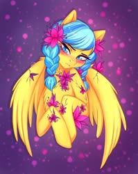 Size: 1722x2160 | Tagged: safe, artist:whiteraven, oc, oc only, oc:jeppesen, pegasus, pony, blushing, braid, chest fluff, commission, female, flower, flower in hair, looking at you, mare, pegasus oc, solo, twin braids, ych result