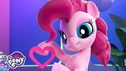 Size: 1280x720 | Tagged: safe, pinkie pie, earth pony, pony, g4, hello pinkie pie, 3d, female, heart, lidded eyes, mare, my little pony logo, solo
