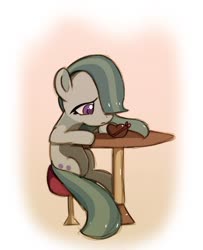 Size: 400x493 | Tagged: safe, artist:andromedasparkz, marble pie, earth pony, pony, g4, chocolate, female, food, hearts and hooves day, lonely, mare, sad, simple background, solo, table