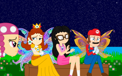 Size: 1446x897 | Tagged: safe, artist:azura-bases, artist:user15432, oc, oc:aaliyah, fairy, human, equestria girls, g4, aaliyah, amulet, barely eqg related, base used, camping, cap, clothes, crossover, crown, dress, ear piercing, earring, equestria girls style, equestria girls-ified, fairy wings, frightened, glasses, gloves, hat, jewelry, long sleeved shirt, long sleeves, male, mario, mario's hat, moon, mushroom hat, necklace, night, nintendo, overalls, piercing, pink clothing, pleated skirt, princess daisy, regalia, scared, shirt, shoes, skirt, socks, super mario bros., tank top, toadette, undershirt, wings