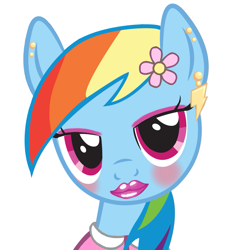 Size: 879x960 | Tagged: safe, artist:slyfoxcl, edit, edited edit, rainbow dash, pegasus, pony, g4, alternate hairstyle, blushing, bust, clothes, dress, ear piercing, eyelashes, female, flower, flower in hair, lipstick, makeup, mare, nightmare fuel, piercing, rainbow dash always dresses in style, simple background, solo, tomboy taming, white background