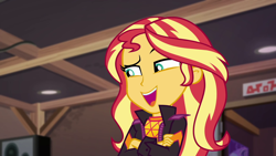 Size: 1920x1080 | Tagged: safe, screencap, sunset shimmer, equestria girls, equestria girls specials, g4, my little pony equestria girls: better together, my little pony equestria girls: sunset's backstage pass, ceiling, clothes, crossed arms, cute, eyebrows, eyelashes, female, jacket, lidded eyes, looking at something, open mouth, shimmerbetes, smug, smugset shimmer, solo, speaker