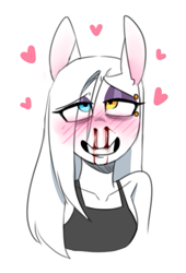 Size: 357x526 | Tagged: safe, artist:redxbacon, oc, oc only, oc:rubber bunny, earth pony, anthro, blood, blushing, bust, clothes, eye clipping through hair, heart, heterochromia, nosebleed, solo
