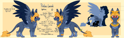 Size: 5481x1700 | Tagged: safe, artist:sinnocturnal, oc, oc only, oc:pietas lazuli, sphinx, blue feather, chest fluff, feather, female, gem, gold, jewelry, macro, macro/micro, makeup, malachite, paws, red eyes, reference sheet, silhouette, sphinx oc, text, yellow hair