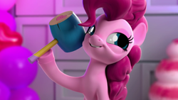 Size: 1920x1080 | Tagged: safe, screencap, pinkie pie, earth pony, pony, g4, hello pinkie pie, 3d, female, hoof hold, magnetic hooves, mallet, mare, smiling