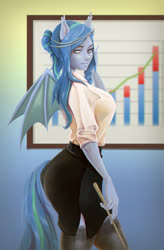 Size: 2200x3356 | Tagged: source needed, safe, artist:krosh, oc, oc only, oc:starry song, bat pony, anthro, anthro oc, bat pony oc, beautiful, clothes, female, graph, hair bun, high res, looking at you, mare, miniskirt, side slit, skirt, solo, stockings, thigh highs