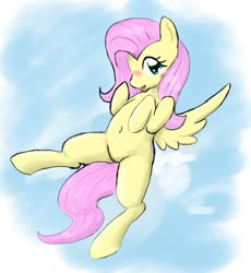 Size: 1245x1353 | Tagged: safe, artist:seidouryu, fluttershy, pegasus, pony, g4, belly button, blushing, cute, female, flying, hooves to the chest, looking at you, mare, open mouth, shyabetes, sky, solo, spread wings, three quarter view, wings