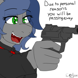 Size: 1500x1500 | Tagged: safe, artist:eclipsepenumbra, artist:eclipsethebat, oc, oc only, oc:eclipse penumbra, bat pony, anthro, clothes, delet this, female, gun, handgun, meme, pistol, simple background, solo, suit, text, walther p38, weapon, white background
