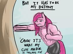 Size: 1024x768 | Tagged: safe, artist:arrwulf, pinkie pie, earth pony, anthro, g4, magical mystery cure, abs, bubble berry, bubblini davinci berry, clothes, is it friendship is manly?, male, muscles, muscular male, partial nudity, pinkamena diane pie, pinkamena diane pump, pinkie pump, punch, rule 63, shorts, solo, speech, topless, tree