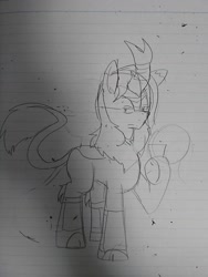 Size: 1080x1440 | Tagged: safe, artist:omegapony16, oc, oc only, kirin, cloven hooves, cup, hoof hold, kirin oc, leonine tail, lineart, lined paper, male, solo, traditional art, unamused