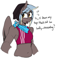 Size: 807x829 | Tagged: safe, artist:redxbacon, oc, oc only, oc:skip blade, pegasus, anthro, clothes, embarrassed, solo, sports bra