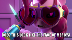 Size: 700x394 | Tagged: safe, edit, edited screencap, screencap, pinkie pie, g4, hello pinkie pie, 3d, blowtorch, caption, face of mercy, goggles, image macro, meme, text, torchie pie