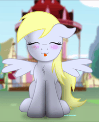 Size: 600x736 | Tagged: safe, artist:bastbrushie, part of a set, derpy hooves, pegasus, pony, g4, :3, animated, bastbrushie is trying to kill us, blushing, chest fluff, cute, daaaaaaaaaaaw, derpabetes, female, gif, happy, hnnng, house, nuclear cuteness, ponyville, sitting, sky, solo, tongue out