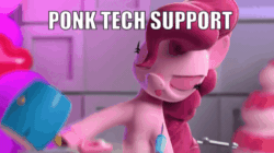 Size: 600x336 | Tagged: safe, edit, edited screencap, screencap, pinkie pie, earth pony, pony, g4, hello pinkie pie, 3d, animated, balloon, caption, cute, diapinkes, female, image macro, mallet, meme, percussive maintenance, ponk, saw, screwdriver, solo, tech support, text, tongue out, wrench
