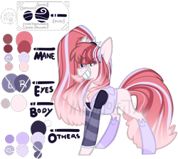 Size: 3000x2680 | Tagged: safe, oc, oc only, earth pony, pony, clothes, earth pony oc, eye clipping through hair, female, grin, high res, mare, parent:coloratura, parent:violet blurr, reference sheet, simple background, smiling, solo, text, transparent background