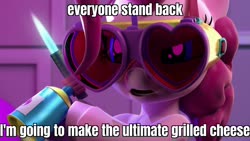 Size: 1920x1080 | Tagged: safe, edit, edited screencap, screencap, pinkie pie, pony, g4, hello pinkie pie, 3d, blowtorch, caption, female, goggles, hoof hold, image macro, meme, solo, text, torchie pie