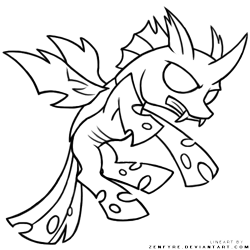 Size: 500x500 | Tagged: safe, artist:zenfyre, changeling, fangs, lineart, monochrome, simple background, solo, text, transparent background