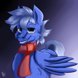 Size: 3000x3000 | Tagged: safe, artist:rainy105, oc, oc only, oc:daily air, pegasus, pony, clothes, gradient background, high res, looking at you, male, scarf, sign, smiling, solo