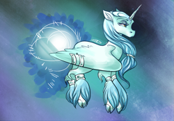 Size: 785x547 | Tagged: safe, artist:dollfins, oc, oc only, alicorn, pony, abstract background, alicorn oc, cloven hooves, female, glowing, hoof fluff, horn, mare, solo