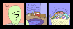 Size: 1414x562 | Tagged: safe, artist:happy harvey, oc, oc only, oc:anon, oc:little league, earth pony, human, pony, adult, bedroom, colored pupils, comic, dawn on phone, dialogue, female, filly, hiding, laundry basket, sneaking, talking to themself