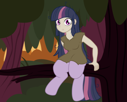 Size: 2888x2324 | Tagged: safe, artist:badumsquish, derpibooru exclusive, oc, oc only, oc:glimmer, oc:mean glimmer, hybrid, satyr, clothes, everfree forest, high res, in a tree, looking at you, offspring, parent:mean twilight sparkle, parent:oc:generic messy hair anime anon, scared, sitting, solo, tree, tree branch
