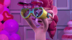 Size: 1920x1080 | Tagged: safe, screencap, pinkie pie, earth pony, pony, g4, hello pinkie pie, 3d, animated, armpits, balloon, blowtorch, desk, excited, female, gem, goggles, hooves together, smiling, solo, sound, sparkler (firework), studio, talking, valentine's day gift, webm, youtube link