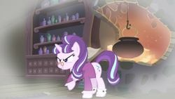 Size: 1280x720 | Tagged: safe, screencap, snowfall frost, starlight glimmer, pony, a hearth's warming tail, g4, book, cauldron, female, fireplace, solo