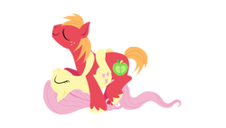 Size: 2160x1230 | Tagged: safe, anonymous artist, big macintosh, fluttershy, earth pony, pony, series:fm holidays, g4, belly riding, clinging, duo, eyes closed, female, leg lock, lineless, male, mare, misleading thumbnail, nose in the air, ship:fluttermac, shipping, simple background, stallion, straight, transparent background, upside down, walking