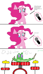 Size: 732x1247 | Tagged: safe, artist:1126jewel5, gummy, pinkie pie, g4, comic, drums, implied chrysipuff, implied spike, joke, microphone, musical instrument, quality