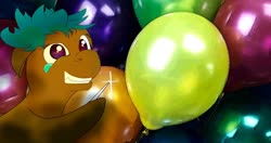 Size: 1024x540 | Tagged: safe, artist:rusreality, oc, oc only, earth pony, pony, balloon, balloon popping, needle, party balloon, popping, smiling, smirk, solo