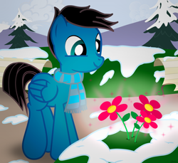 Size: 3600x3300 | Tagged: safe, artist:agkandphotomaker2000, oc, oc:pony video maker, pegasus, pony, bench, blooming flowers, clothes, flower, high res, pine tree, scarf, snow, spring, transition, tree, winter