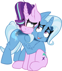 Size: 1280x1470 | Tagged: safe, artist:zvn, starlight glimmer, trixie, pony, unicorn, g4, chest fluff, female, hug, lesbian, lidded eyes, mare, ship:startrix, shipping, simple background, smiling, transparent background