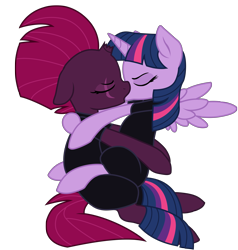 Size: 6613x6950 | Tagged: safe, alternate version, artist:ejlightning007arts, artist:lullabyprince, tempest shadow, twilight sparkle, alicorn, pony, unicorn, g4, base used, broken horn, clothes, duo, eye scar, eyes closed, female, horn, jumpsuit, kiss on the lips, kissing, lesbian, mare, scar, ship:tempestlight, shipping, simple background, sitting, transparent background, twilight sparkle (alicorn), vector, wings
