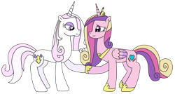 Size: 3052x1637 | Tagged: safe, artist:supahdonarudo, fleur-de-lis, princess cadance, alicorn, pony, unicorn, series:fleurbuary, g4, crown, facing each other, female, fleurdance, folded wings, grin, holding hooves, infidelity, jewelry, lesbian, lidded eyes, looking at each other, necklace, regalia, shipping, simple background, smiling, transparent background, wings