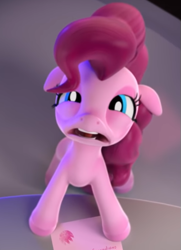 Size: 367x506 | Tagged: safe, screencap, pinkie pie, earth pony, pony, g4, hello pinkie pie, cropped, faic, female, floppy ears, looking up, mare, overhead view, reaction image, solo