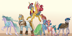 Size: 5000x2500 | Tagged: safe, artist:bunnari, flash magnus, meadowbrook, mistmane, rockhoof, somnambula, stygian, earth pony, pegasus, pony, unicorn, g4, armor, cape, clothes, colored hooves, cute, dress, female, flying, gradient background, helmet, high res, male, mare, meadowcute, missing accessory, pillars of equestria, scar, somnambetes, stallion, story included, unshorn fetlocks