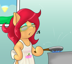 Size: 1772x1572 | Tagged: safe, artist:spk, oc, oc only, oc:vivian cereza, earth pony, pony, apron, arm hooves, bipedal, clothes, dexterous hooves, female, frying pan, mother