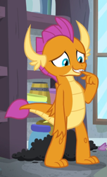 Size: 527x867 | Tagged: safe, screencap, smolder, dragon, g4, molt down, apology, claws, closet, cropped, cute, dragoness, embarrassed, fangs, female, folded wings, grin, guilty, horns, sheepish grin, smiling, smolderbetes, solo, sorry, teenaged dragon, teenager, toes, wings