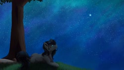 Size: 1920x1081 | Tagged: safe, artist:crimsonwolf360, oc, oc only, oc:midnight shadow, pony, unicorn, black hair, blue eyes, female, grass, looking up, mare, night, night sky, sky, solo, stargazing, stars, tree
