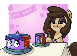 Size: 800x582 | Tagged: safe, artist:whateverbender, oc, oc only, oc:bender watt, oc:louvely, alicorn, earth pony, pony, birthday, birthday cake, cake, cellular peptide cake (with mint frosting), dexterous hooves, eating, eyeshadow, female, food, food transformation, fork, hoof hold, inanimate tf, jewelry, lidded eyes, makeup, male, mare, necklace, nose wrinkle, puffy cheeks, stallion, transformation, vore