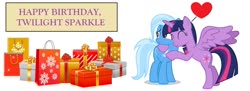 Size: 1280x466 | Tagged: safe, artist:3d4d, trixie, twilight sparkle, alicorn, pony, g4, female, happy birthday, heart, lesbian, present, ship:twixie, shipping, simple background, tara strong, twilight sparkle (alicorn), white background