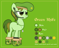 Size: 4000x3273 | Tagged: safe, artist:n0kkun, oc, oc only, oc:commando goer, earth pony, pony, beret, blank flank, boots, clothes, dog tags, ear piercing, earpiece, earring, female, freckles, green background, hat, jewelry, mare, piercing, reference sheet, shoes, simple background, solo, watch, wristwatch