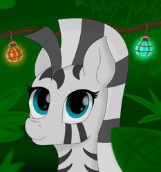 Size: 2736x2931 | Tagged: safe, artist:freezeroffire, oc, oc only, pony, zebra, cute, eyelashes, grin, high res, jungle, leaves, lights, looking at you, smiling, smiling at you, solo, teal eyes