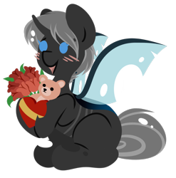 Size: 1306x1324 | Tagged: safe, artist:amazing-artsong, oc, oc only, oc:imago, changeling, blushing, box of chocolates, changeling oc, cute, digital art, female, flower, gift art, happy, ocbetes, open mouth, open smile, plushie, rose, simple background, smiling, solo, spread wings, teddy bear, transparent background, wings